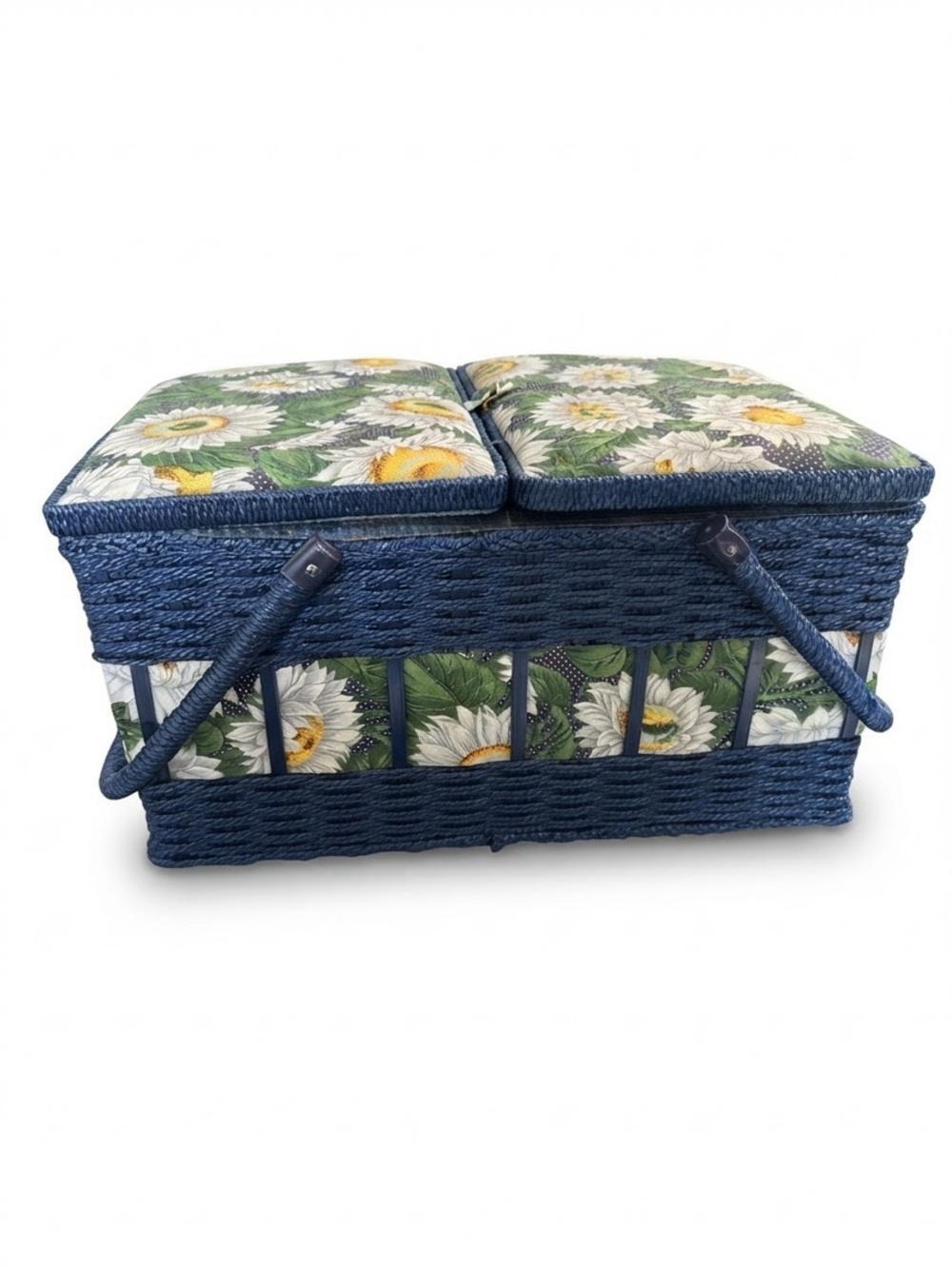 Vtg Wicker Sewing Basket Blue With Sunflowers Storage Box With Handle